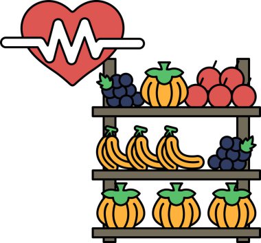 Meyve ve sebze vitrininin sol tarafında bir kalp gösterilir. Kalp, kalp atışı gibi görünen bir çizgiyle çevrilidir. Meyveler ve sebzeler raflarda, muzlarla birlikte düzenlenir.