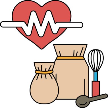 Kalp, kalp atışı gibi görünen bir çizginin üzerine çizilir. Kalp bir çanta, bir kase ve bir kaşıkla çevrilidir. Sevgi ve ilgi kavramı, aynı zamanda beslenmenin önemi.