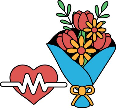 Bir buket çiçek bir kalbin yanına yerleştirilir. Kalp dalga benzeri bir şablon ile çevrilidir, bu da kalp atışı izlenimi verir. Çiçekler bir vazoda sergileniyor.