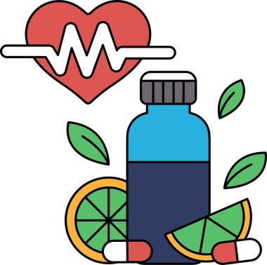 Bir şişe hap bir kalp ve bir portakalın yanında. Sağlık ve sağlık kavramı, haplar ve portakal iyi beslenme ve sağlıklı bir yaşam tarzıyla ilişkilidir.