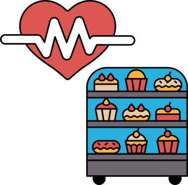 Kalp, hamur işlerinin yanında sergilenir. Kalp, kalp atışı gibi görünen bir hatta bağlıdır. Pastalar raflara dizilmiştir ve bir sürü farklı pasta çeşidi vardır.