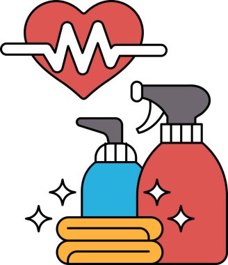 Bir kalp, içinden dalgalar çıkan bir çizgiyle gösterilir. Kalbin yanında iki şişe temizlik spreyi var.