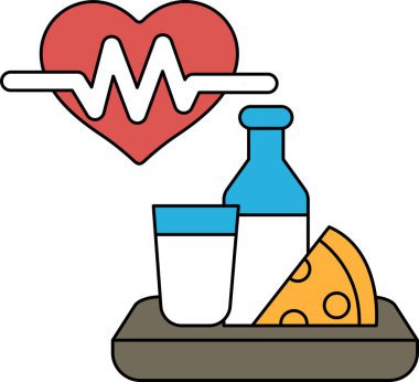 Bir kalp, bir bardak süt, bir şişe su, bir dilim pizza ve bir dilim peynir tepside.