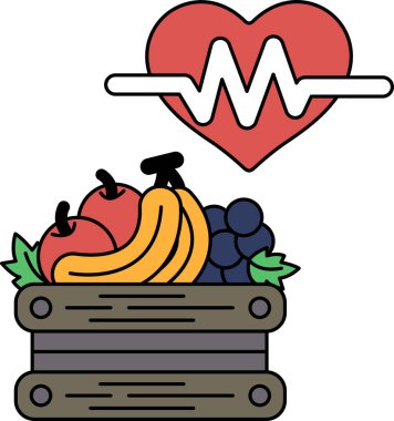 Kalp, elma, muz ve üzüm gibi çeşitli meyve ve sebzelerle çevrilidir. Kalp sağlık ve canlılığın sembolü olarak tasvir edilirken, meyveler