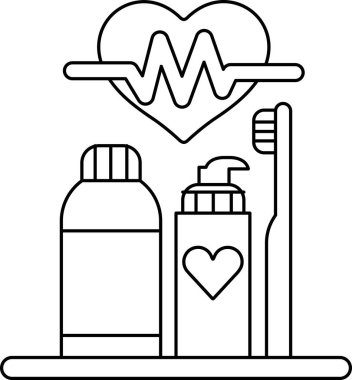 Kalp, diş macunu, diş fırçası ve sabunla çevrilidir. Görüntü, diş hijyeninin önemini ve kişinin sağlığıyla ilgilenmesini ifade eder.