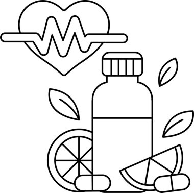 Bir şişe hap bir kalp ve bir portakalın yanında. Sağlık ve sağlık kavramı, haplar ve portakal iyi beslenme ve sağlıklı bir yaşam tarzıyla ilişkilidir.