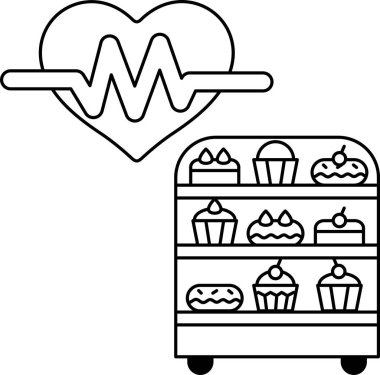 Kalp, hamur işlerinin yanında sergilenir. Kalp, kalp atışı gibi görünen bir hatta bağlıdır. Pastalar raflara dizilmiştir ve bir sürü farklı pasta çeşidi vardır.