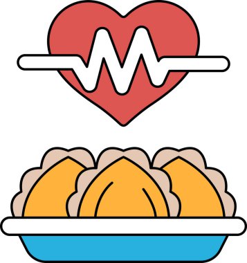 Bir kalp ve bir tabak yemek. Kalp, EKG 'ye benzeyen bir hat ile çevrili. Yemek tabağı kalp şeklinde bir tasarım.