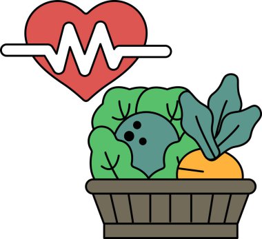 Bir sepet sebzenin yanında bir kalp gösterilir. Kalp, kalp atışı gibi görünen bir hatta bağlıdır. Sepetteki sebzeler brokoli, havuç ve marul içerir.