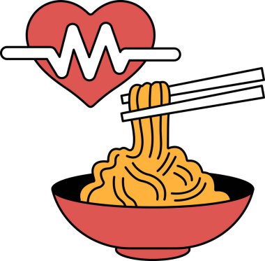 İçinde çubuk olan bir kase erişte. Kâse siyah ve beyaz. Görüntü kalp atışı gibi görünen bir kalp ve çizgi.