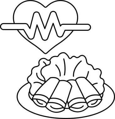 Bir kalp ve tabağında yemek olan bir tabak yemek. Kalp tabağın tam ortasında ve yemek de sağ tarafta.