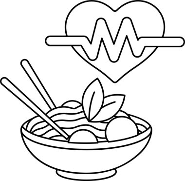 Bir kase yemek çubuğu ve bir kalp. Kalp, hayatın sembolü olan bir dalgayla çevrilidir. Yemek kasesi besin ve sağlığın bir göstergesidir.