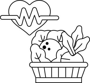 Bir sepet sebzenin yanında bir kalp gösterilir. Kalp, kalp atışı gibi görünen bir hatta bağlıdır. Sepetteki sebzeler brokoli, havuç ve marul içerir.