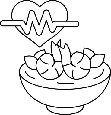 Üzerinde kalp olan bir kase yemek. Kalp, EKG 'ye benzeyen bir hat ile çevrili. Kase sebze ve meyvelerle dolu.