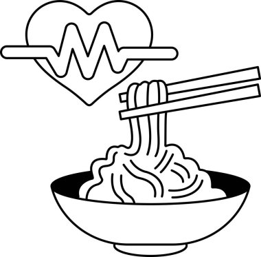 İçinde çubuk olan bir kase erişte. Kâse siyah ve beyaz. Görüntü kalp atışı gibi görünen bir kalp ve çizgi.