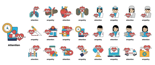 Resim, kalpler, steteskoplar ve tıp uzmanları da dahil olmak üzere çeşitli tıbbi sembol ve simgelerden oluşuyor. Sahne sağlık ve sağlıklıdır.