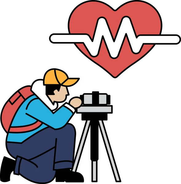 Bir adam bir kalbin fotoğrafını çekiyor. Kalp, hayatın sembolü olan bir dalgayla çevrilidir. Adam fotoğraf çekmek için çömelmiş, bu da onun odaklanmış ve kararlı olduğunu gösteriyor.