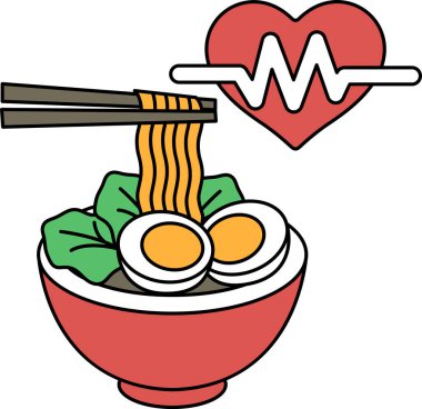 Kalbi ve steteskopu olan bir kase erişte. Kalp kasenin sağ tarafında ve steteskop da sol tarafında.