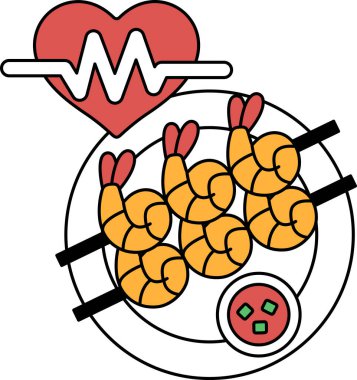 Üzerinde karides ve kalp olan bir tabak yemek. Kalp siyah ve beyaz bir çizgi ile çevrilidir.