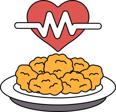 Üzerinde kalp olan bir tabak yemek. Kalp, kalp atışının sembolü olan bir dalgayla çevrilidir. Yemek tabağı sağlıklı bir yemektir. Sağlıklı bir kalbi korumak için önemlidir.