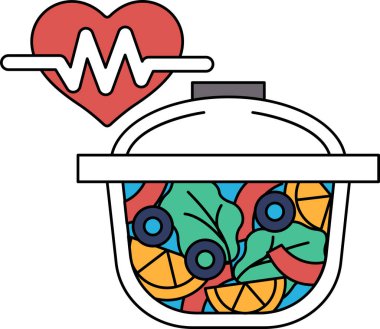 Bir kalp, üzerinde EKG olan bir çizgi ile gösterilir. Üzerinde kalp olan bir kase salata gösterilir.