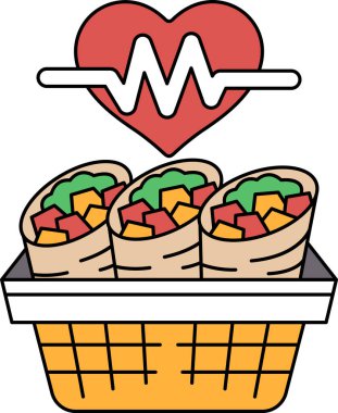 Üstünde kalp olan bir sepette üç burrito. Kalp, 