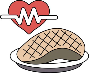 Tabaktaki bir et parçasının yanında bir kalp gösterilir. Kalp, kalp atışı algılayan bir makineye bağlıdır. Sağlıklı bir diyetin önemi kavramı