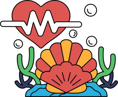 Bir kalp, kabuk ve yosun resminin tam ortasına çizilir. Kalp, kalp atışı gibi görünen bir çizgiyle çevrilidir. Yaşam ve canlılık kavramı