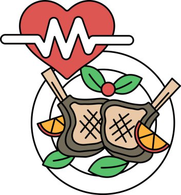 Kalbi ve EKG 'si olan bir tabak yemek. Tabak et ve sebzeler de dahil olmak üzere yiyecek dolu. Kalp ve EKG sağlıklı bir diyet ve yaşam tarzının önemini sembolize eder.