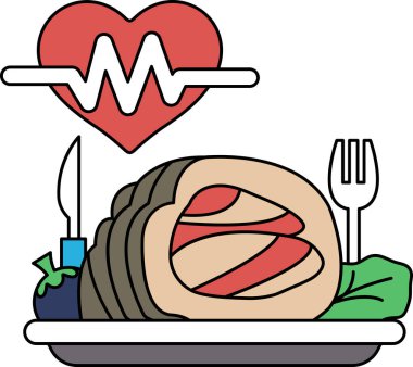 Tabakta çatal ve bıçakla bir kalp gösterilir. Kalp, kalp atışı gibi görünen bir çizgiyle çevrilidir. Tabak yemekle dolu, bir parça et de dahil.