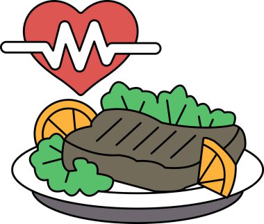 Üzerinde kalp olan bir tabak yemek ve kalp monitörü resmi. Tabakta bir parça et, bir parça brokoli ve bir dilim limon var.