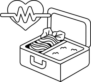 Üzerinde kalp ve steteskop olan bir beslenme çantası. Kalp kutunun sol tarafında, steteskop da sağ tarafında. Beslenme çantası siyah beyaz.