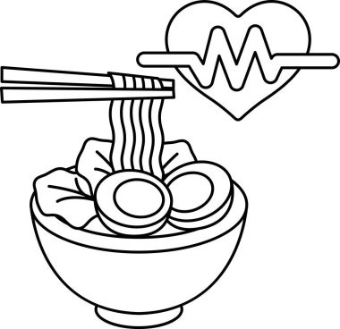 Kalbi ve steteskopu olan bir kase erişte. Kalp kasenin sağ tarafında ve steteskop da sol tarafında.