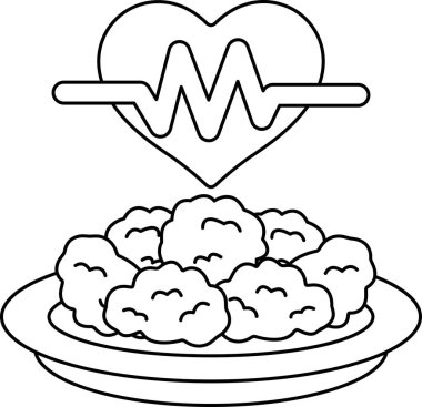 Üzerinde kalp olan bir tabak yemek. Kalp, kalp atışının sembolü olan bir dalgayla çevrilidir. Yemek tabağı sağlıklı bir yemektir. Sağlıklı bir kalbi korumak için önemlidir.