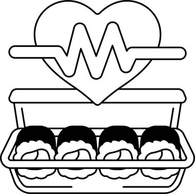 Bir kalp bir tepsi suşinin üzerine çizilir. Kalp siyah ve beyazdır ve suşi de siyah ve beyazdır. Kalp ve suşi bir arada denge ve uyum hissi yaratır.