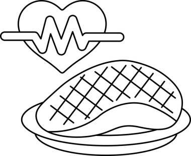 Tabaktaki bir et parçasının yanında bir kalp gösterilir. Kalp, kalp atışı algılayan bir makineye bağlıdır. Sağlıklı bir diyetin önemi kavramı