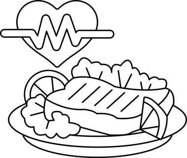 Üzerinde kalp olan bir tabak yemek ve kalp monitörü resmi. Tabakta bir parça et, bir parça brokoli ve bir dilim limon var.