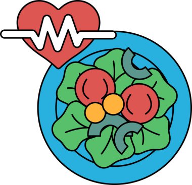 Üzerinde kalp olan bir tabak yemek. Kalp ECG yazan bir çizgiyle çevrili.