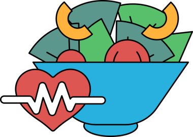 Üzerinde kalp ve steteskop olan bir kase yemek. Kalp bir daire ile çevrilidir ve steteskop kalbin sol tarafındadır. Kase çeşitli meyve ve sebzelerle dolu.