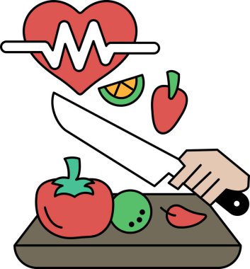 Bir adam kesme tahtasında sebze kesiyor. Sebzeler arasında bir domates, bir biber ve bir portakal var. Sağlıklı beslenme kavramı ve taze, besleyici yemekler hazırlamanın önemi