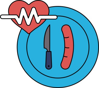 Tabakta bir kalp ve bir bıçak var. Kalp bir kalp monitörüne bağlı. Bıçak sosisin yanında.