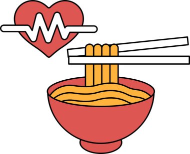 Çubuklu bir kase erişte ve üstünde bir kalp. Kalp, kalp atışı gibi görünen bir hatta bağlıdır. Yemekten zevk alma ve sağlığına dikkat etme kavramı.