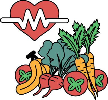 Kalp, havuç, kereviz ve brokoli de dahil olmak üzere sebzelerle çevrilidir. Kalp atışı gibi görünen bir çizgi ile çevrili.