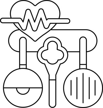 Siyah beyaz bir kalp çizimi, bir tenis raketi ve bir spatula. Kalp bir dalgayla çevrilidir ve tenis raketi ve spatula onun yanına yerleştirilir. Çizim bir sağlık hissi veriyor.