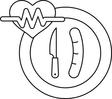 Tabakta bir kalp ve bir bıçak var. Kalp bir kalp monitörüne bağlı. Bıçak sosisin yanında.