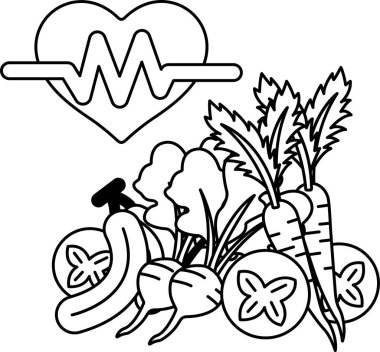 Kalp, havuç, kereviz ve brokoli de dahil olmak üzere sebzelerle çevrilidir. Kalp atışı gibi görünen bir çizgi ile çevrili.