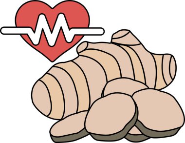 Bir kalp çizimi ve bir parça zencefil kökü. Kalp, EKG 'ye benzeyen bir hat ile çevrili. Zencefil kökü küçük parçalara bölünmüş.