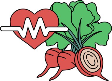 Bir kalp, turp ve pancar da dahil olmak üzere bir grup sebzenin yanında gösterilir. Kalp, kalp atışını temsil edebilecek bir dalgayla çevrilidir.