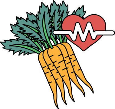 Bir kalp bir demet havucun yanında gösterilir. Kalp, EKG okuyabilen bir makineye bağlı. Sağlıklı beslenmenin ve kalbinle ilgilenmenin ne kadar önemli olduğu kavramı.