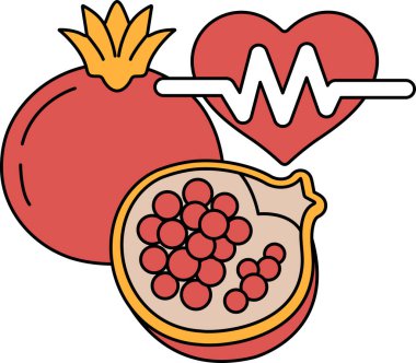 Bir kalp, bir nar ve bir demet üzüm siyah beyaz bir resimde gösterilir. Kalp görüntünün merkezindedir. Nar ve üzümler onu sarar.